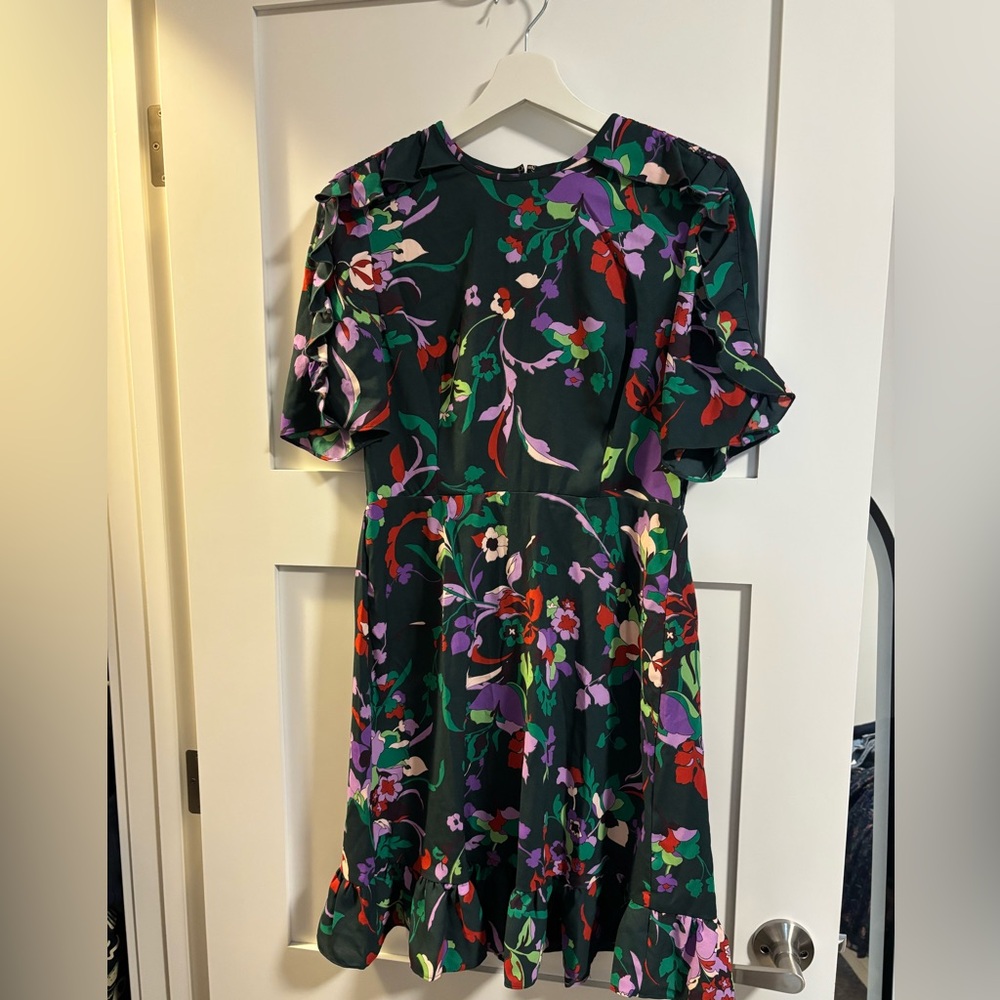 kate spade Black Floral Midi Dress with Purple, Green, Red Accents